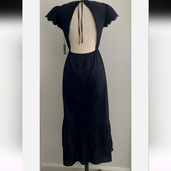 JASON WU LONG BLACK CAP SLEEVES EYELET CUT OUT BACK SMOCKED DRESS SIZE LARGE - Picture 2 of 13